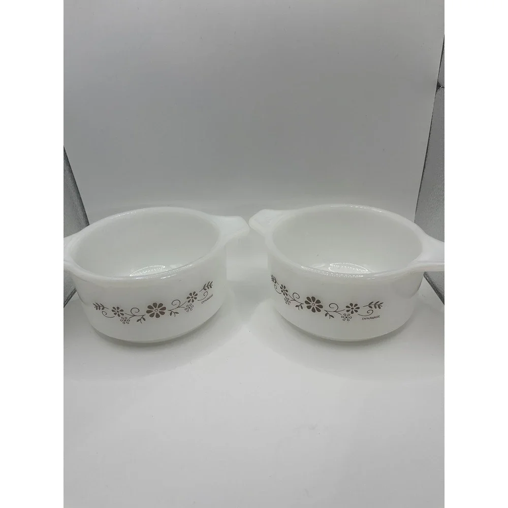 Set of 2‎ Vintage Dynaware Pyr-o-rex Brown  and White Flower Ramekins, Soup Dish